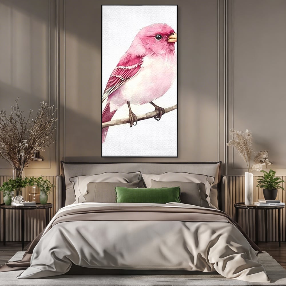 Tablou canvas cu tablou canvas cu pasare roz pe creanga, in rama de aluminiu negru, pe perete intr-un dormitor